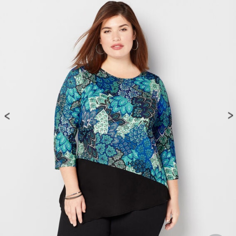 Avenue Asymmetrical three quarter sleeve top